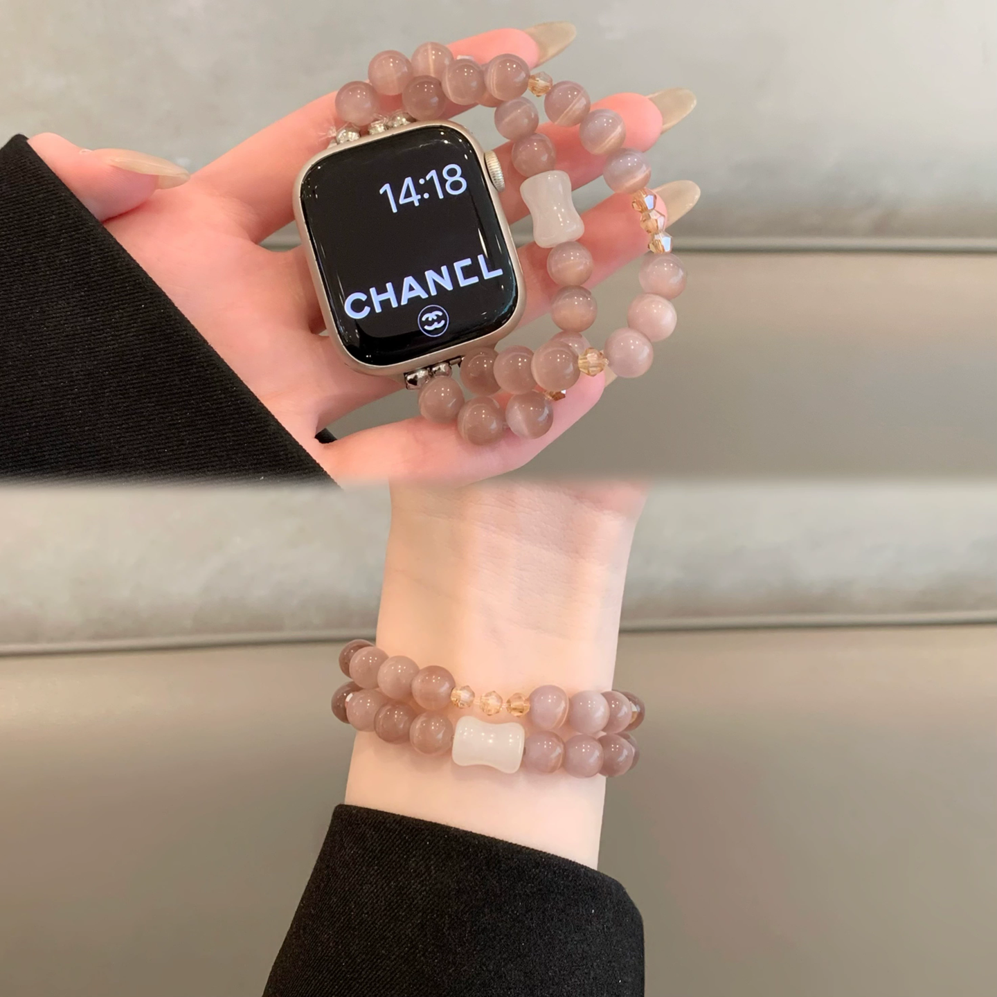 适用苹果手表iwatch10表带透气弹力猫眼丁香紫水晶链applewatch98
