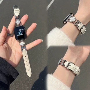 四叶草贝母拼接真皮表带适用s10苹果手表表带appleiwatch98se腕带
