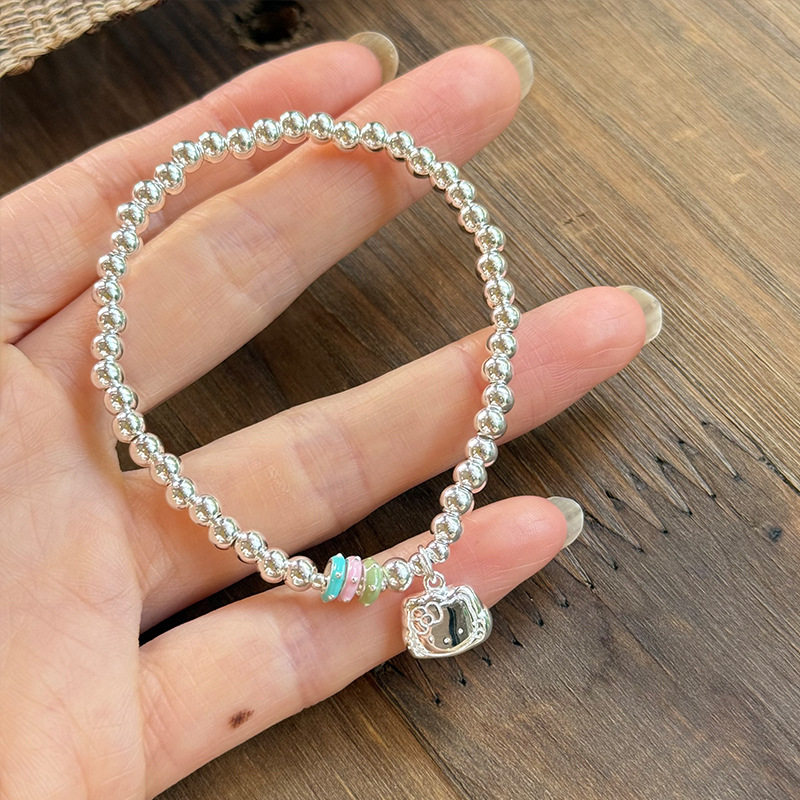 S925纯银KT猫手工银珠手链简约风