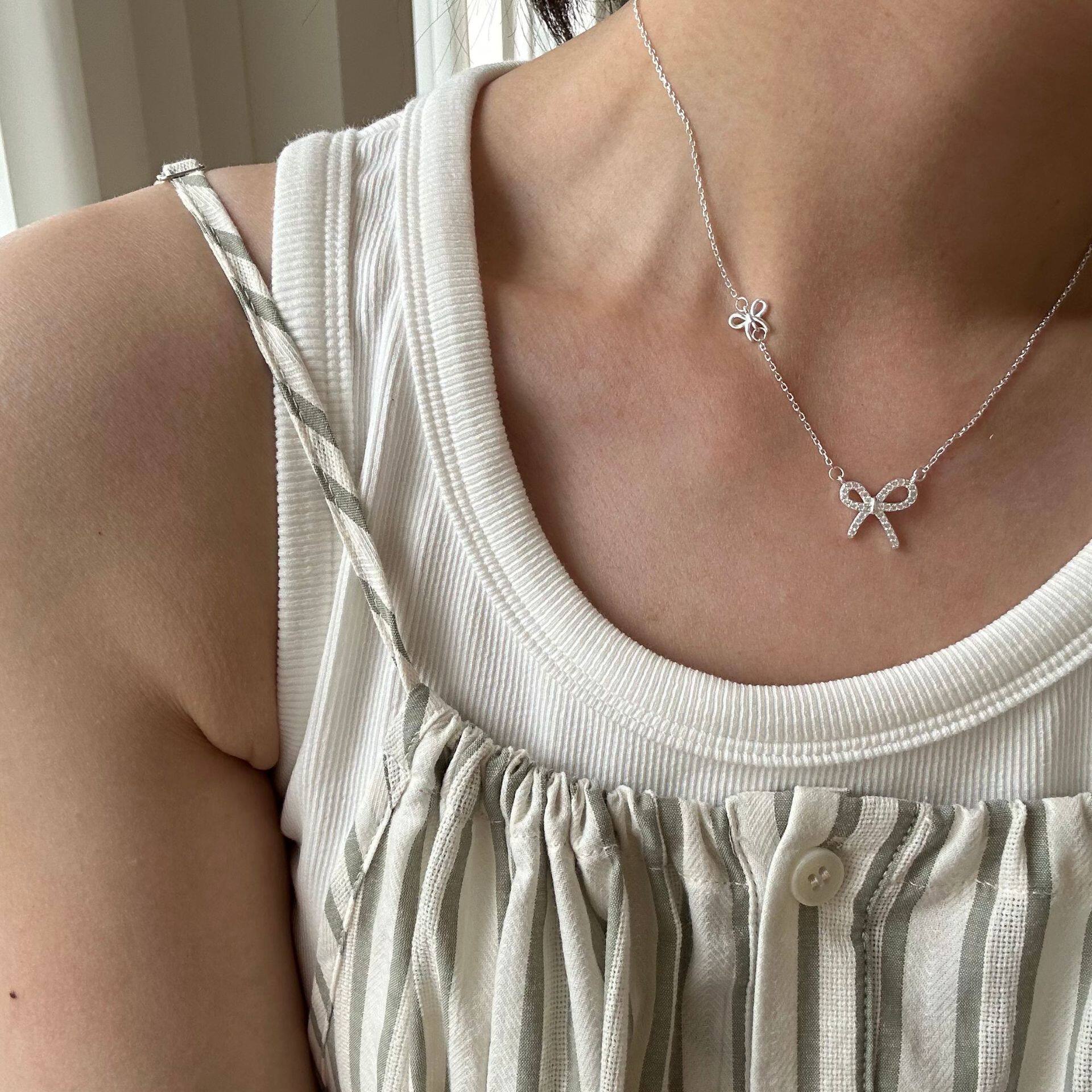 S925纯银蝴蝶结镶钻项链女ins风日韩简约亮银色甜美可爱锁骨链新