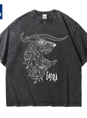 哥斯拉gojira乐队欧美摇滚重磅大码宽松做旧水洗纯棉五分短袖T恤