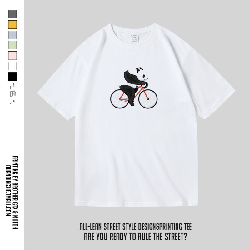 美式动漫呆萌可爱熊猫自行车印花衣服纯棉短半袖T恤男女中性夏季