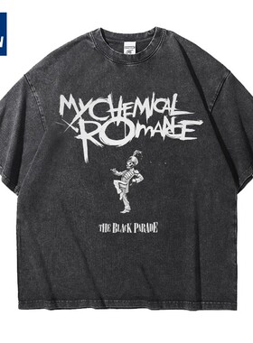 欧美MCR化学浪漫朋克乐队做旧水洗重磅宽松纯棉五分短袖男女T恤夏