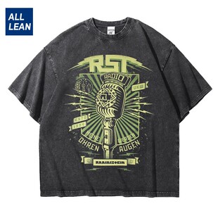 战车Rammstein欧美摇滚重磅大码宽松做旧水洗纯棉五分短袖T恤男夏