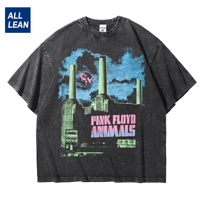 欧美pinkfloyd平克佛洛依德宽松做旧水洗重磅纯棉五分短袖T恤男女 - 实物图