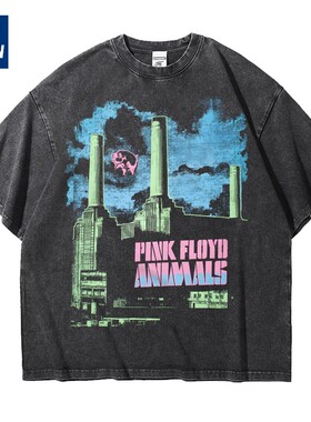 欧美pinkfloyd平克佛洛依德宽松做旧水洗重磅纯棉五分短袖T恤男女