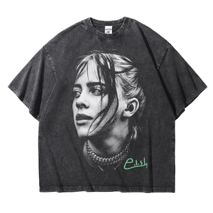 oversize宽松碧梨Billie欧美潮流做旧水洗重磅纯棉五分短袖T恤男
