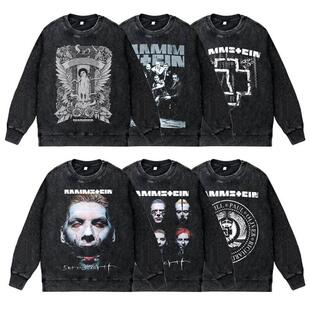 美式复古做旧水洗vintage圆领套头卫衣德国战车Rammstein乐队金属