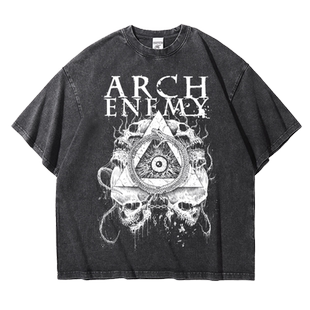 欧美金属大敌乐队arch enemy重磅宽松做旧水洗纯棉五分短袖T恤男