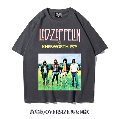 oversize纯棉齐柏林飞艇ledzeppelin阿美咔叽重磅落肩五分袖T恤男