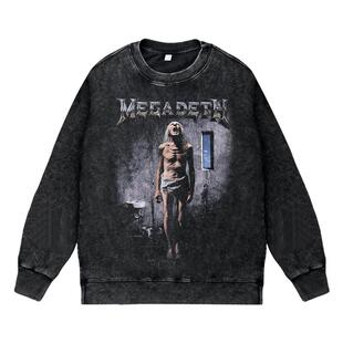 美式复古做旧水洗vintage圆领无帽套头卫衣激流金属摇滚megadeth