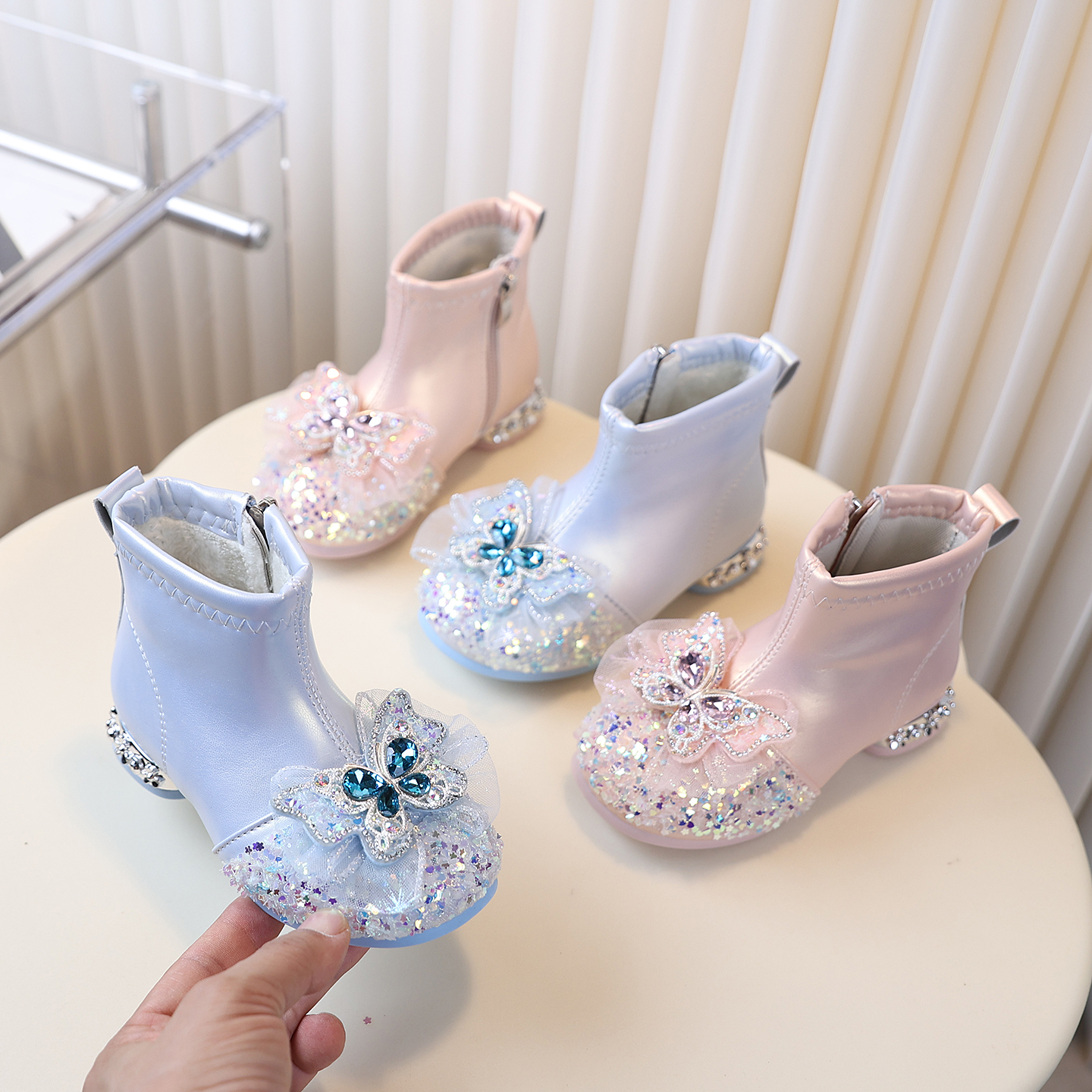 女童爱莎水晶公主短靴加绒软底