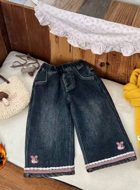 女童加绒牛仔裤一体绒阔腿裤宝宝秋冬2025新款加厚裤子冬装外穿