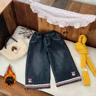 子冬装 女童加绒牛仔裤 加厚裤 宝宝秋冬2025新款 外穿 一体绒阔腿裤