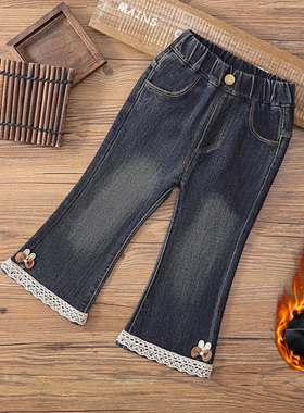女童2025加绒牛仔喇叭裤儿童新款洋气花边裤子韩版一体绒休闲裤