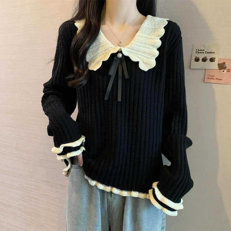 实拍 胖妹妹大码女装秋冬装娃娃领加厚毛衣显瘦宽松针织衫上衣潮
