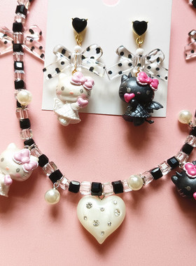 时尚biling闪亮水晶项链复古黑白天使kt猫咪短款颈链个性卡通女