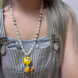 卡通米奇翠儿串珠项链女2025新款爆款金属拼接黑玛瑙长款毛衣链