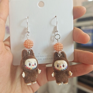 迷你植绒拉布布labubu公仔搪胶小娃挂件一代站姿萌粒挂件耳环项链