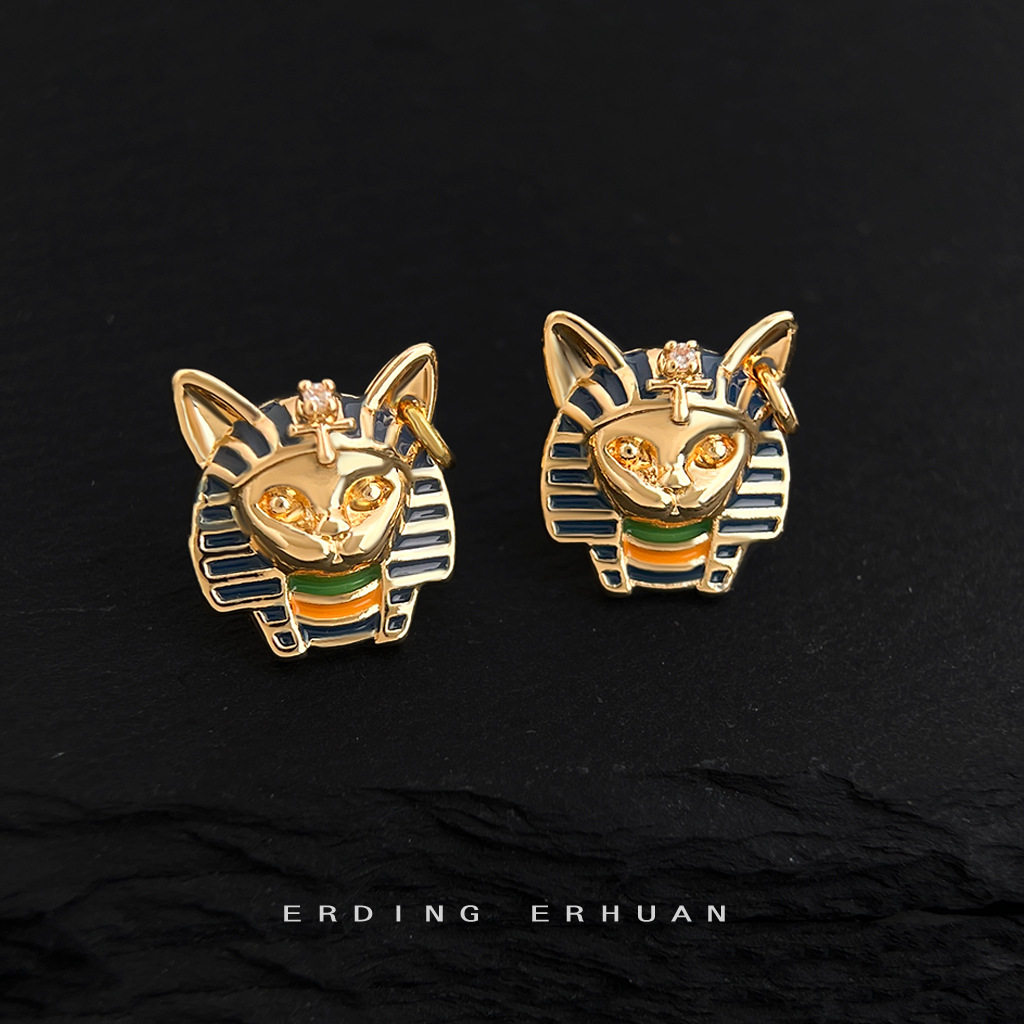 原创中古风埃及猫头法老925银针镀14K珐琅滴釉彩绘耳钉个性耳饰女