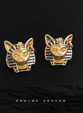 原创中古风埃及猫头法老925银针镀14K珐琅滴釉彩绘耳钉个性耳饰女