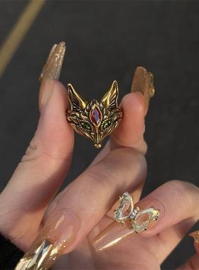 中古vintage黑金色复古立体狐狸戒指栩栩如生高级酷飒食指戒饰品