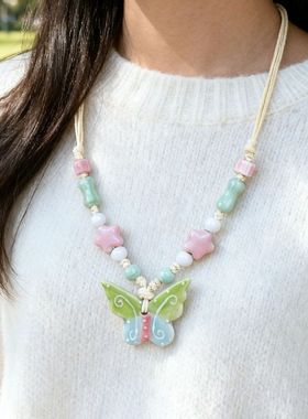 景德镇厂家古风陶瓷项链彩绘款毛衣链摆摊地摊货源蝴蝶情侣款饰品
