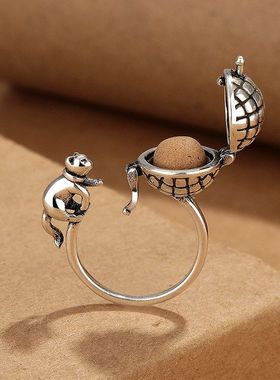 复古香薰猫咪戒指女香丸设计感可打开做旧工艺镂空可爱开口指环