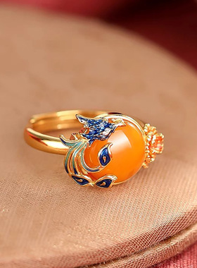复古珐琅凤凰牡丹戒指女国潮新中式创意民族风文艺范仿蜜蜡指环女