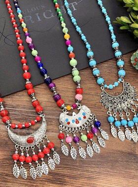 复古个性民族风手工项链波西米亚毛衣链月亮花彩珠百搭头饰女配饰