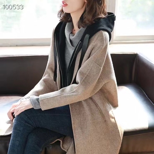 新款羊毛大衣女中长款连帽双面羊绒大衣宽松显瘦毛呢假两件外套