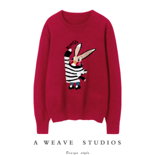 卡通减龄兔子提花针织衫 上衣韩版 女圆领套头 100%山羊绒衫 敲可爱