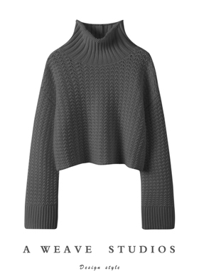 难得的好看！2024新款深灰色编镂空编织阔袖高领100%羊绒毛衣女