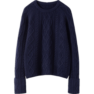 时髦小仙女！加厚圆领羊绒衫女绞花翻边袖设计纯羊绒毛衣针织衫冬