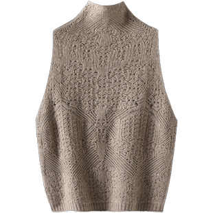 不可或缺人手一件~羊绒背心马甲女立领无袖镂空提花羊绒马甲