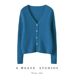 上身效果终生难忘!开衫女V领坑条修身短款羊绒毛衣女外套SS169