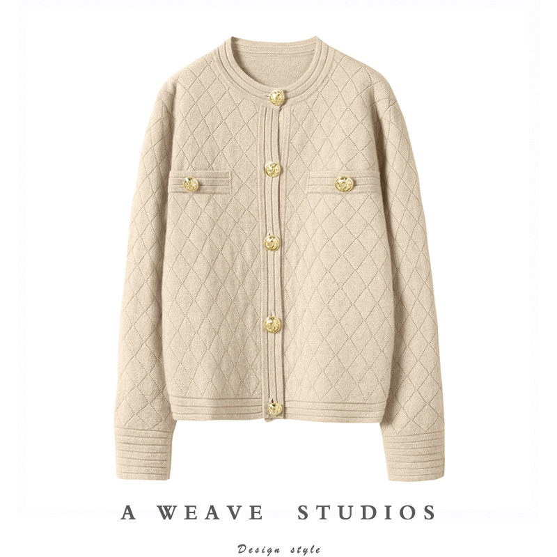 重磅加厚！太美了~显瘦圆领金扣短款羊绒开衫女纯羊绒衫毛衣外套