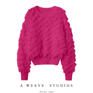 女圆领纯羊绒毛衣宽松 玫红色毛毛流苏加厚羊绒衫 哇 好美丽精致