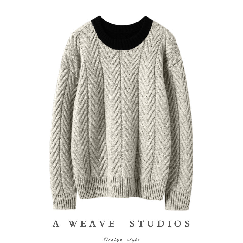 帅气微阔型质感太赞！纯山羊绒拼色针织衫圆领麻花毛衣秋冬