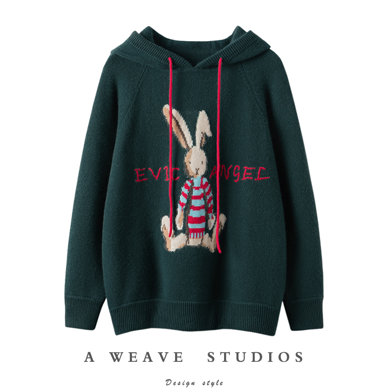 可爱卡通兔~纯羊绒衫女连帽套头羊绒针织毛衣打底衫加厚