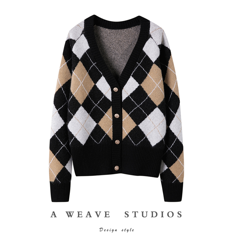 法式优雅~纯羊绒衫女提花菱格V领羊绒开衫女秋冬新款羊绒针织毛衣