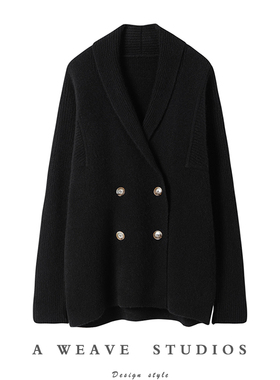 镇店系列~百看不厌！黑色廓形双排扣纯羊绒开衫女外套毛衣