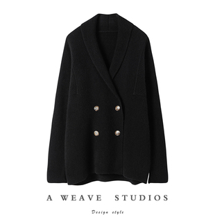 镇店系列~百看不厌！黑色廓形双排扣纯羊绒开衫女外套毛衣