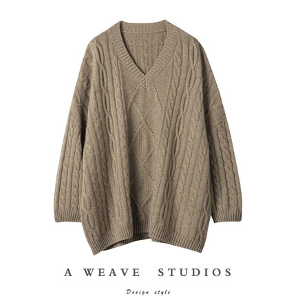 秒sha平庸凡物！大克重廓形v领绞花羊绒衫女套头冬纯羊绒毛衣加厚