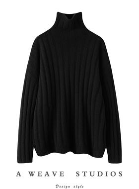 男女黑色粗坑条重磅山羊绒粗棒针织加厚短高领毛衣衫
