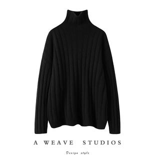 男女黑色粗坑条重磅山羊绒粗棒针织加厚短高领毛衣衫