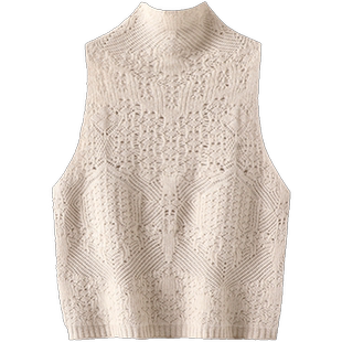 疯狂迷恋~羊绒背心马甲女纯羊绒毛衣立领无袖镂空提花羊绒马甲厚