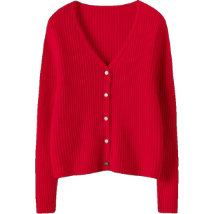 显瘦真不难！纯羊绒开衫女V领坑条短款羊绒毛衣女针织开衫小外套