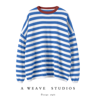 套头慵懒风秋冬新款 女宽松纯羊绒毛衣针织衫 圆领羊绒衫 条纹不败