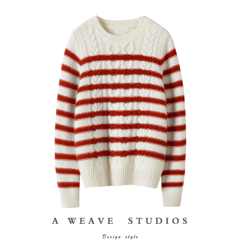 巨巨巨气质！加厚羊绒衫女宽松圆领条纹纯羊绒毛衣套头上衣冬新款
